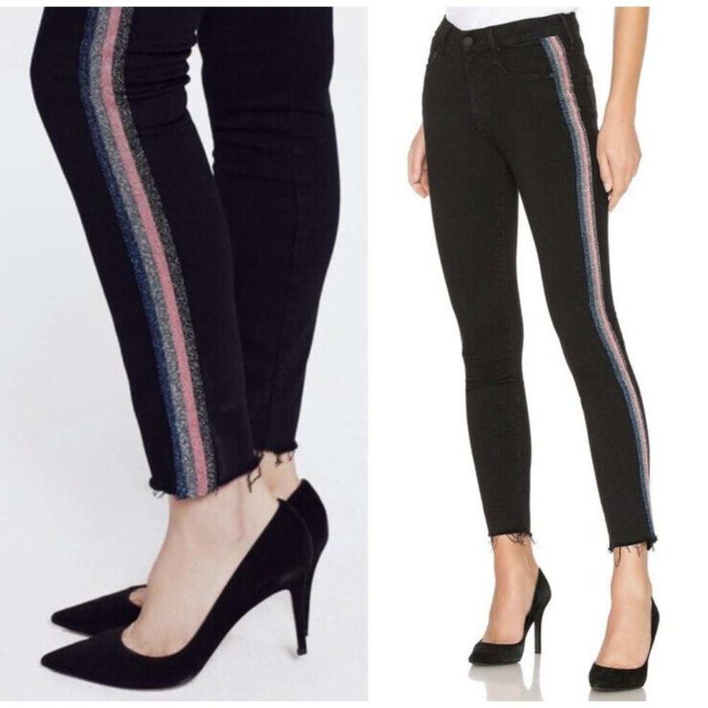 MOTHER High Waist Looker Ankle Fray Jeans in Guilty Glitter Racer 25